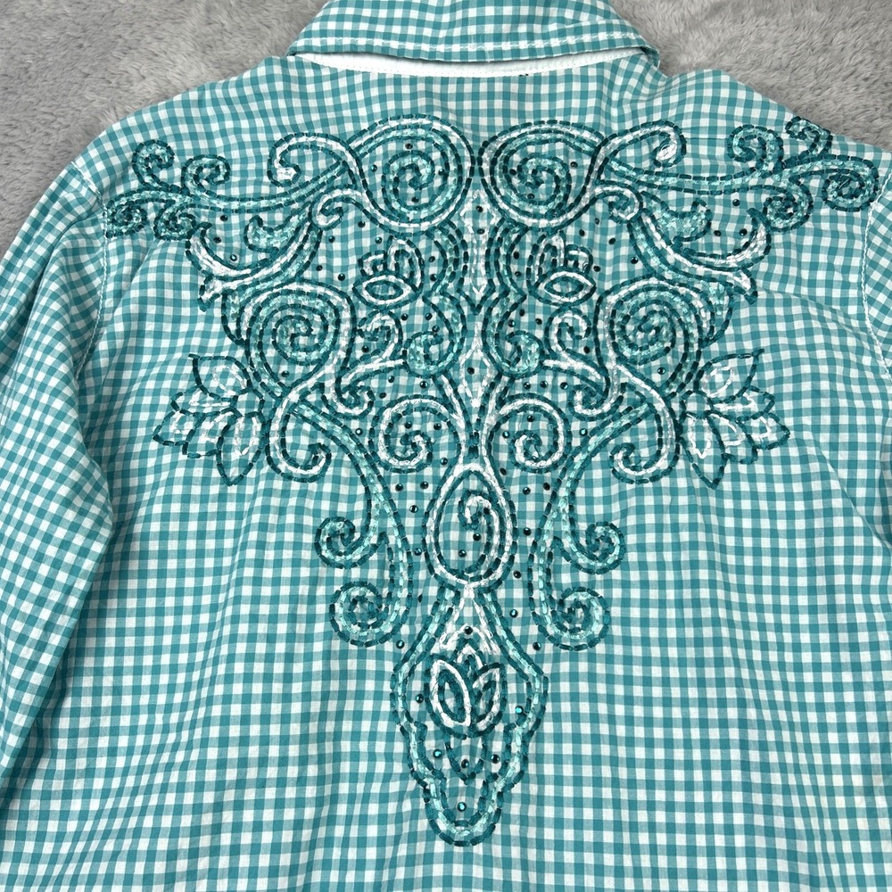 Cowgirl Up Western Blouse Large Embroidered Teal Gingham Pearl Snap Roll Tab